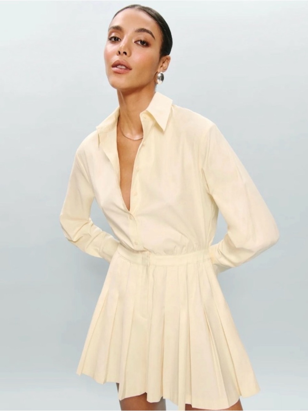 Reformation Cream Pleated Mini Shirt Dress